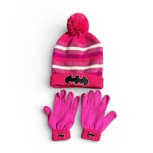 Kids DC Comics Bat Girl pink beanie hat and Gloves Set